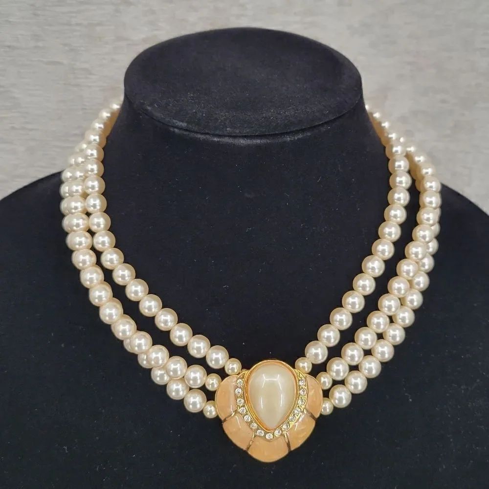 Three Strand Faux Pearl Necklace with Large Teardrop Pearl Gold Toned Pendant